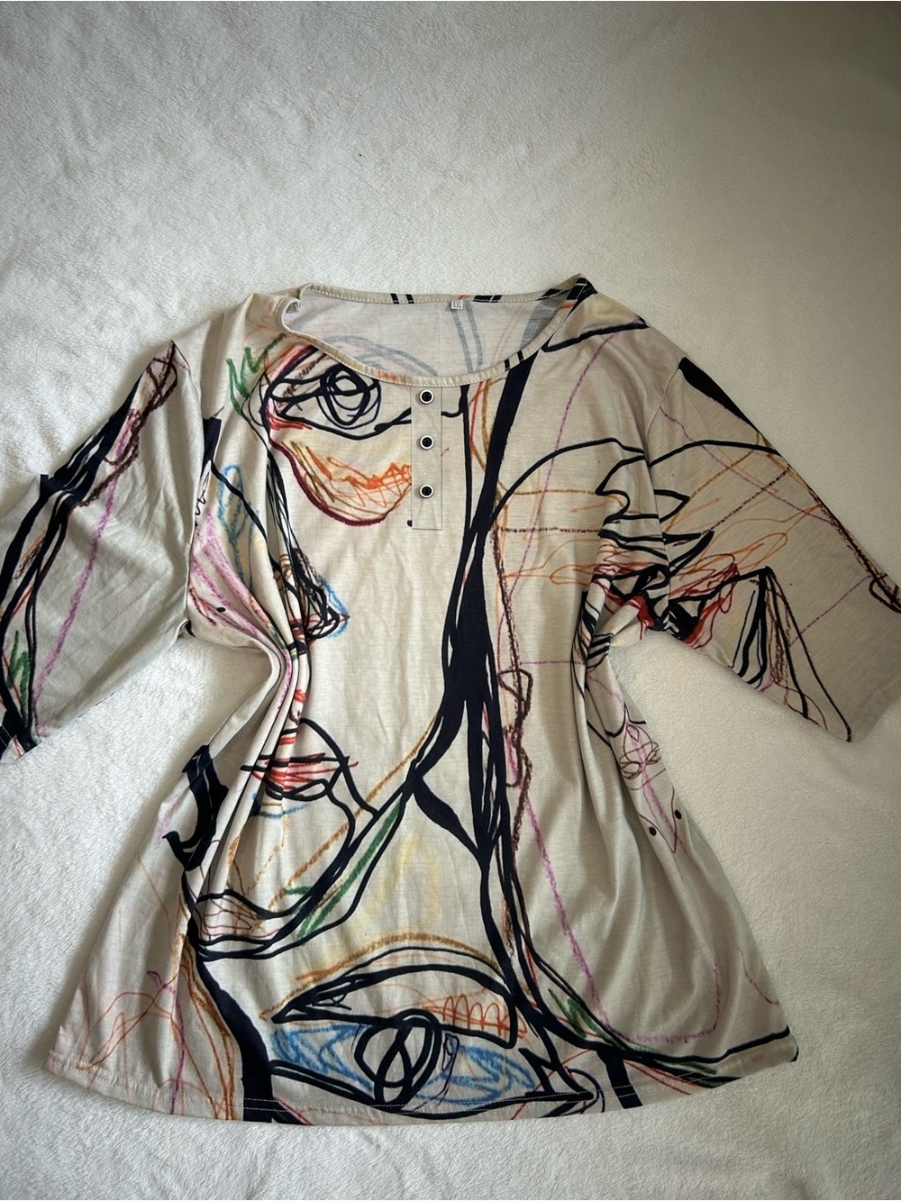 Abstract Scribble Print Long Sleeve Top in Cream & Multicolor